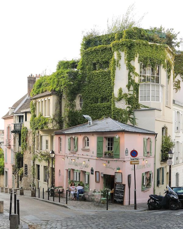 pink house on the corner of street with ivy