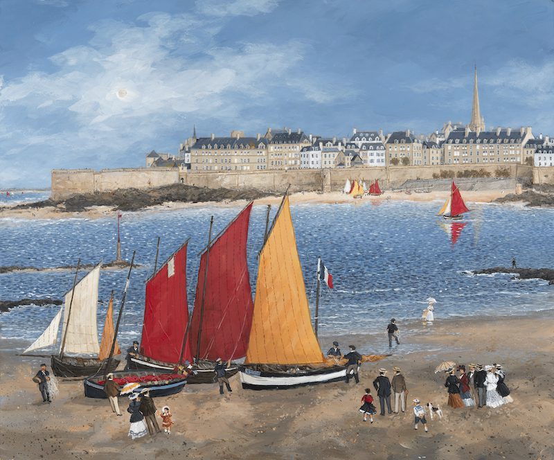 figurative painting of seaside with boats