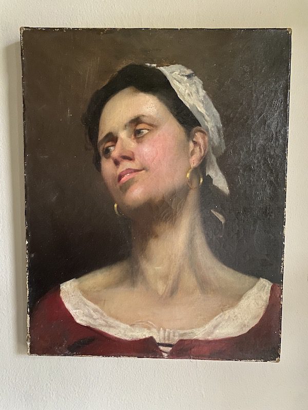 Antique oil painting of a woman in a red dress