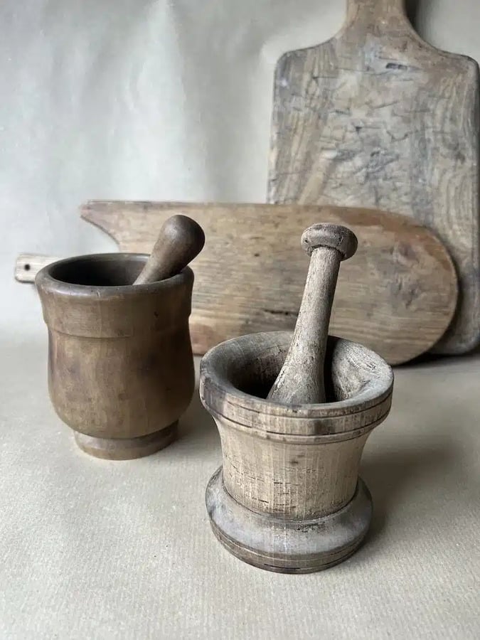 Antique wooden pestle and mortar- French Costal Interior Design