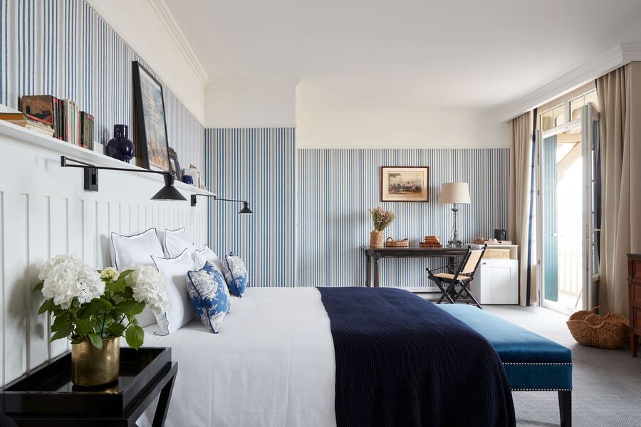 Blue and white hotel room in Trouville - MFCH French Coastal Interior Design Inspiration