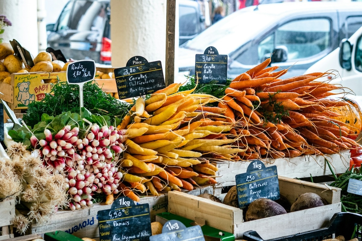 French farmers market carrots and root vegetables